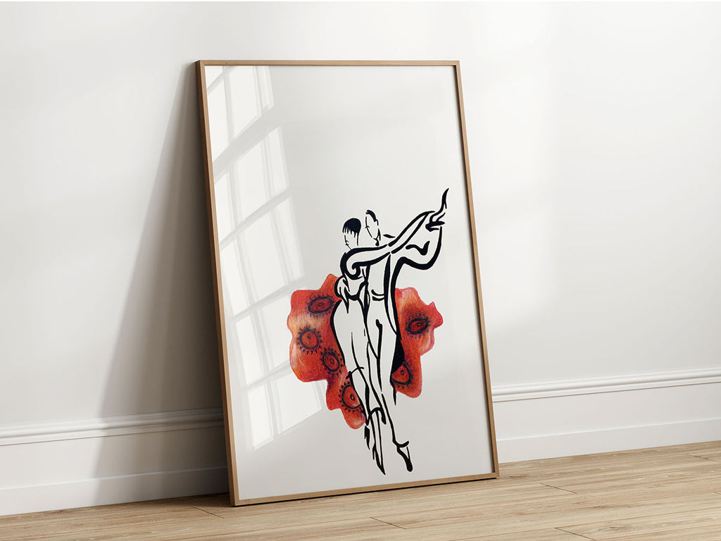 Modern dance artwork featuring expressive figures and watercolor splashes.