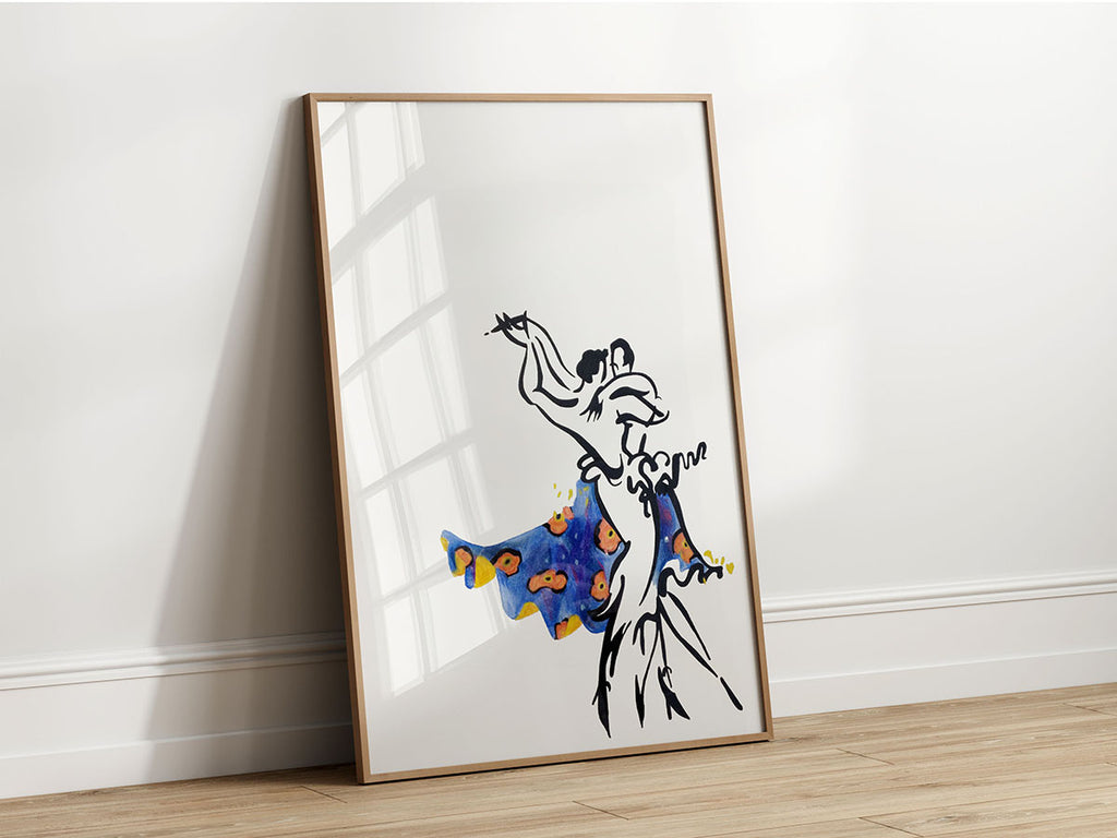 Modern dance artwork featuring expressive figures and watercolor splashes.