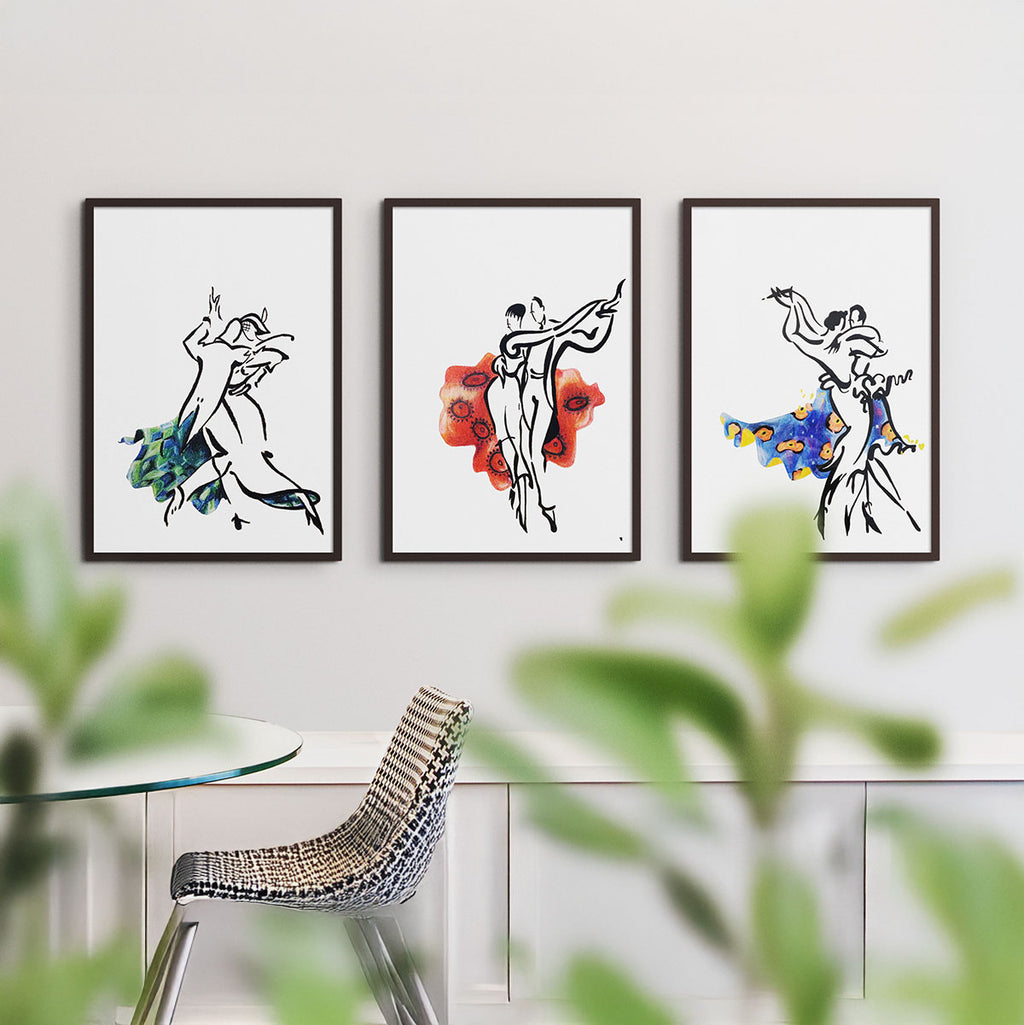 Modern dance artwork trio featuring expressive figures and watercolor splashes.