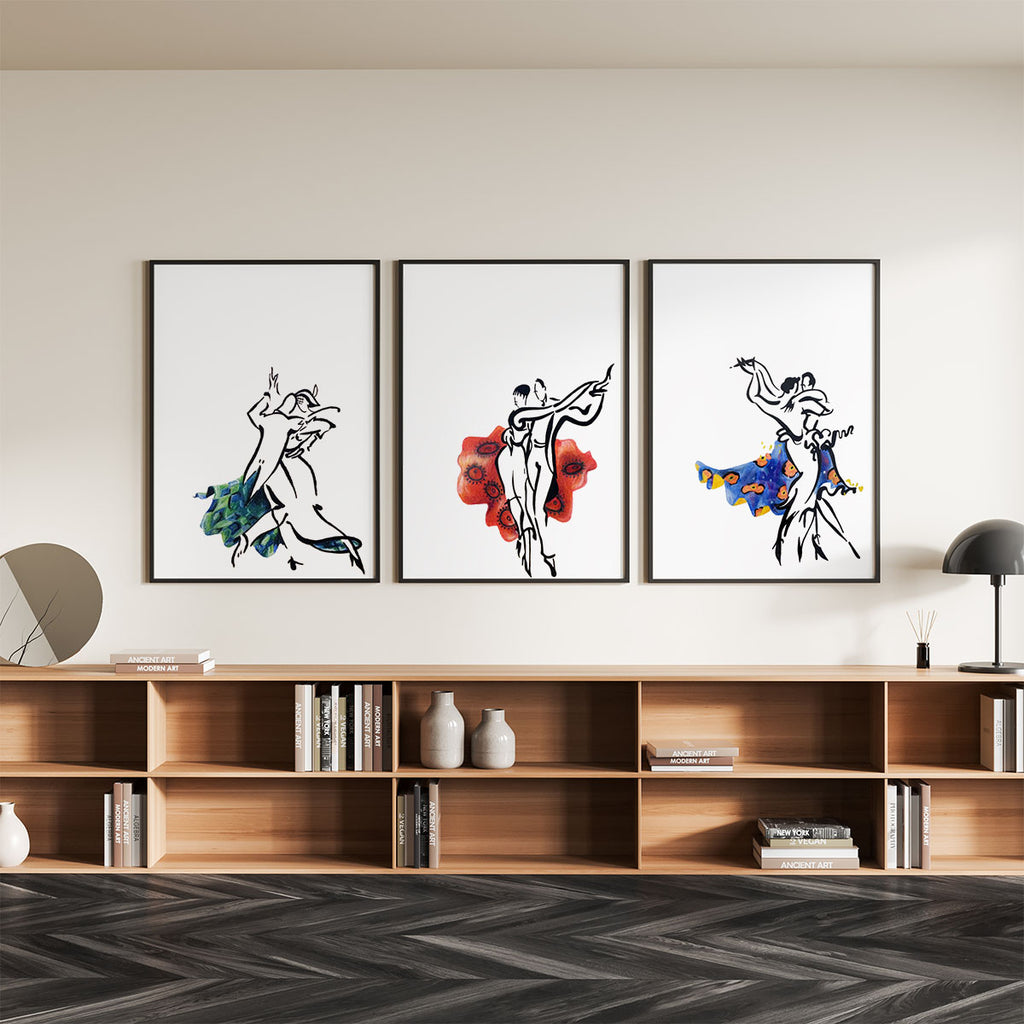 Modern dance artwork trio featuring expressive figures and watercolor splashes.