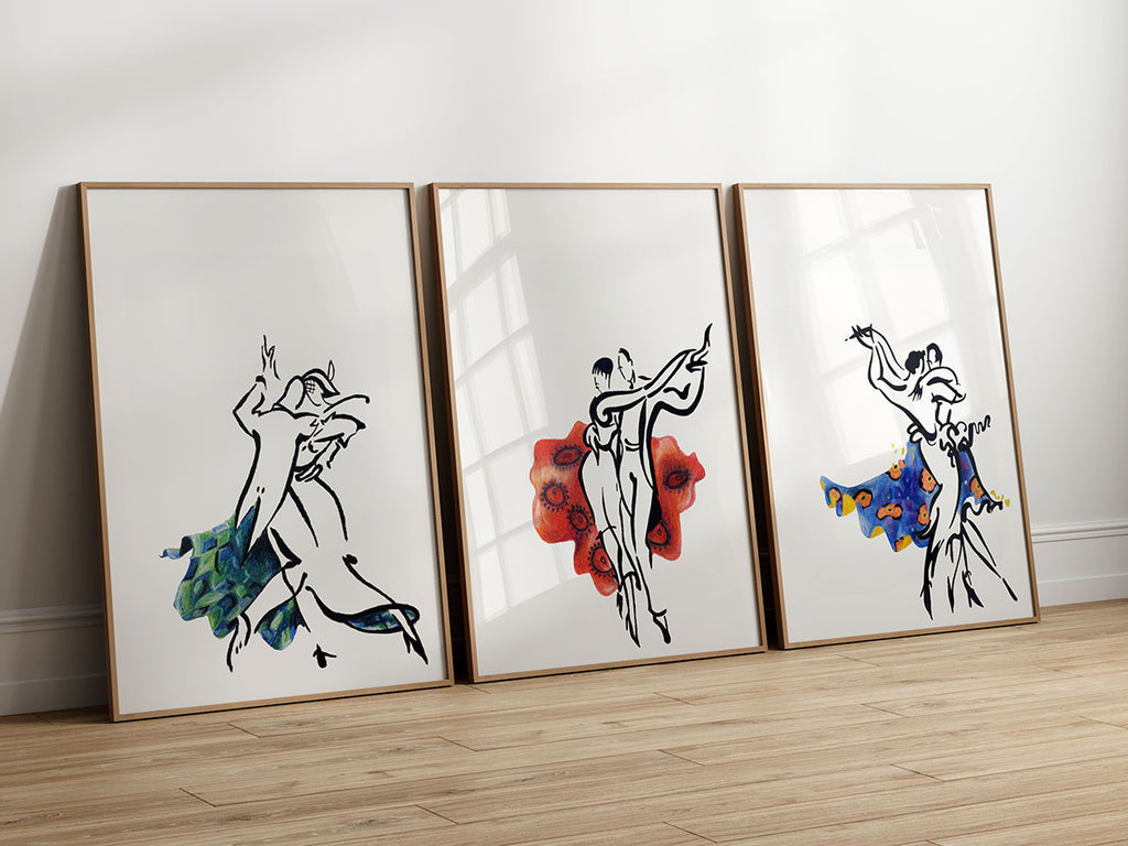 Modern dance artwork trio featuring expressive figures and watercolor splashes.
