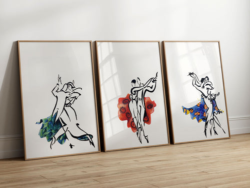 Modern dance artwork trio featuring expressive figures and watercolor splashes.