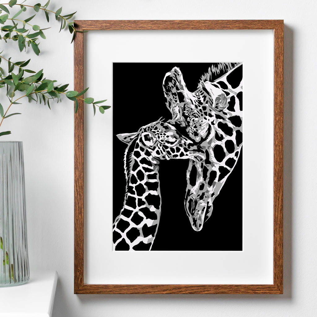High-contrast illustration showing the affectionate bond between a mother and baby giraffe.