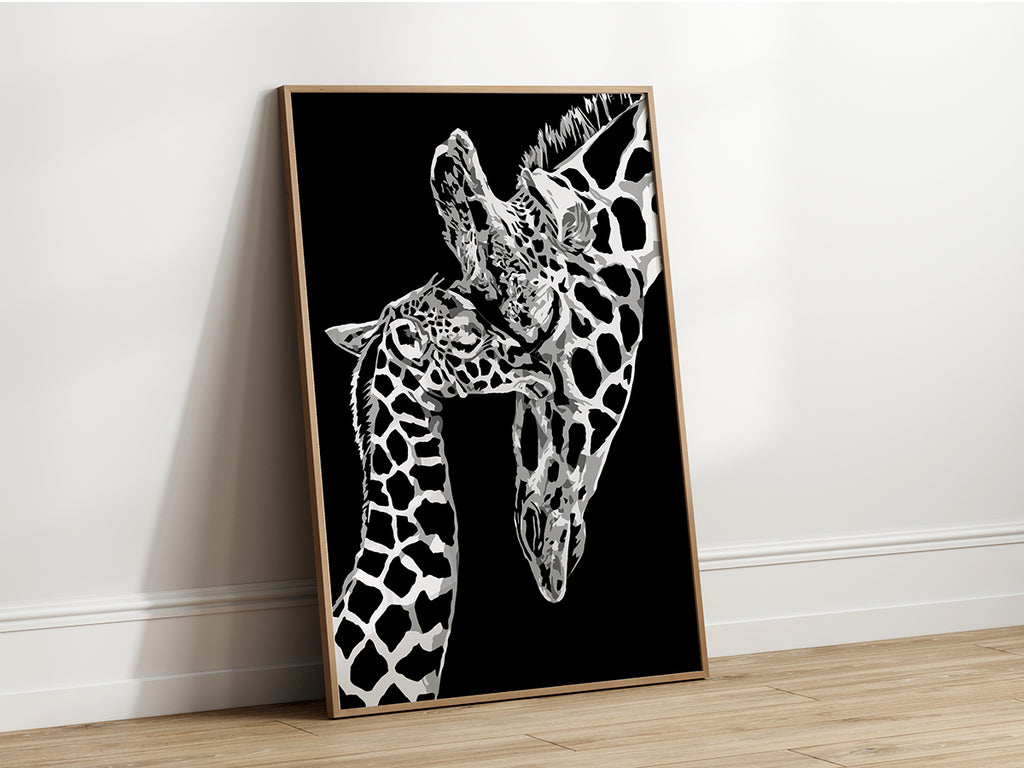 High-contrast illustration showing the affectionate bond between a mother and baby giraffe.