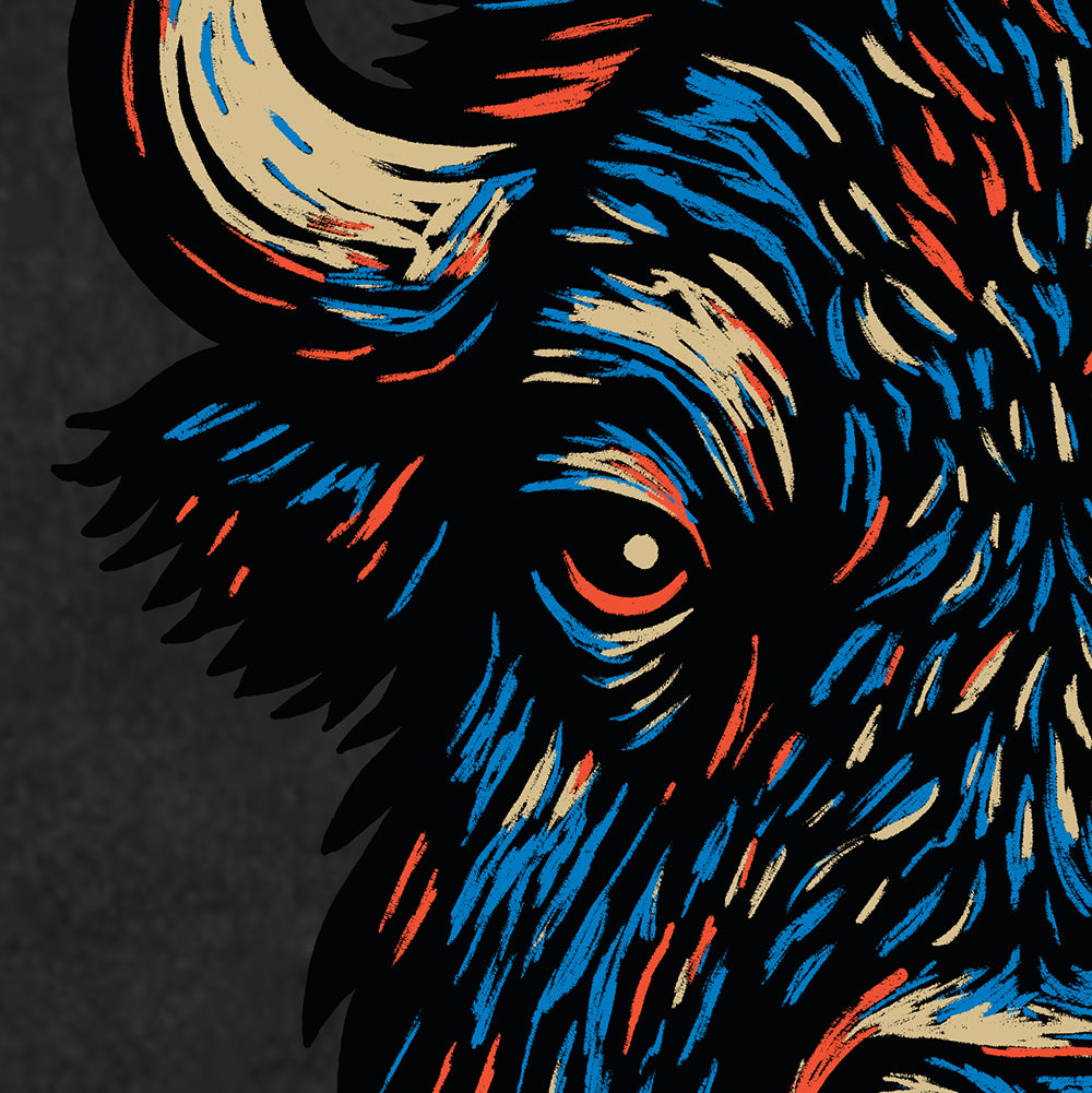 Hand-drawn King Bison artwork with bold red, blue, and cream accents on a textured black background