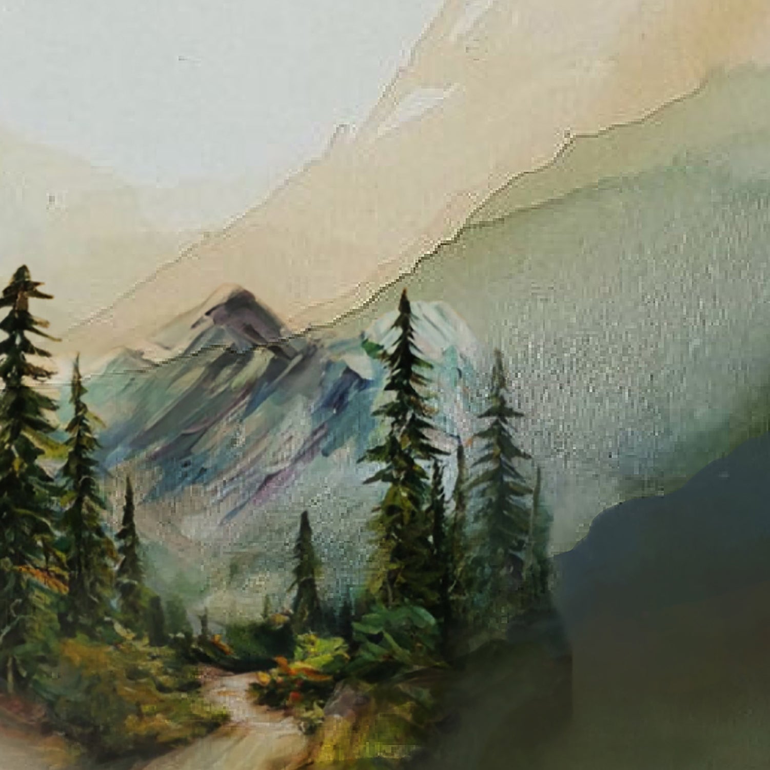 A mixed media painting combining an abstract, earth-tone wash background in beige and olive green with a detailed, realistic scene of a pine tree forest, a mountain peak, and a winding path.