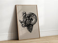 Intricate black and white illustration of a Big Horn Sheep head, showcasing its large, curled horns and detailed fur texture.