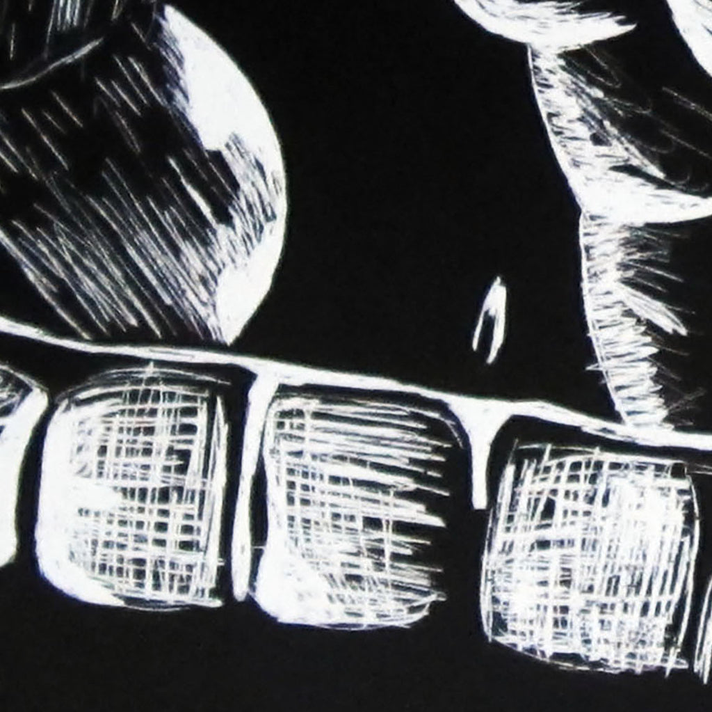 Black and white scratchboard-style artwork of a pianist’s hand pressing piano keys, with bold line texture on a black background.