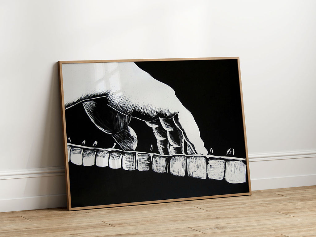 Black and white scratchboard-style artwork of a pianist’s hand pressing piano keys, with bold line texture on a black background.