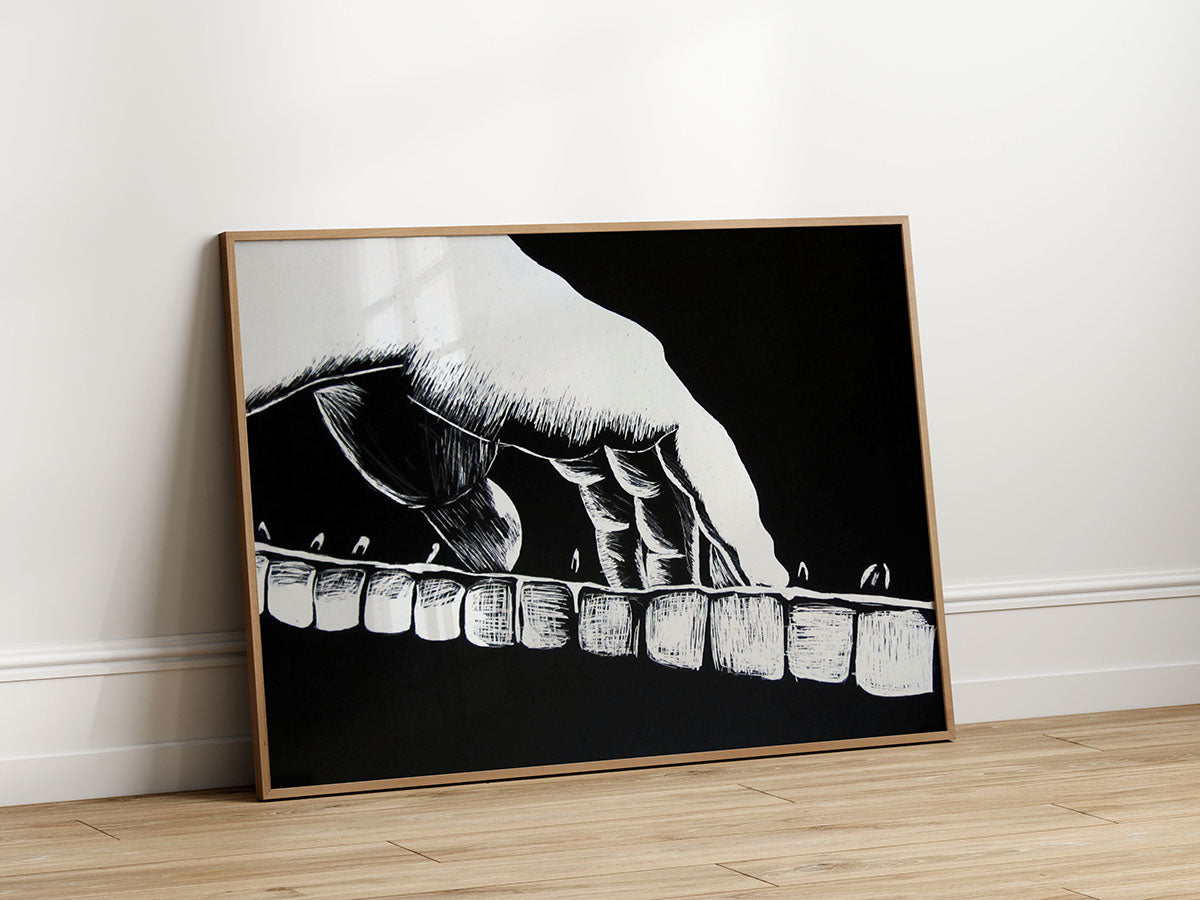 Black and white scratchboard-style artwork of a pianist’s hand pressing piano keys, with bold line texture on a black background.
