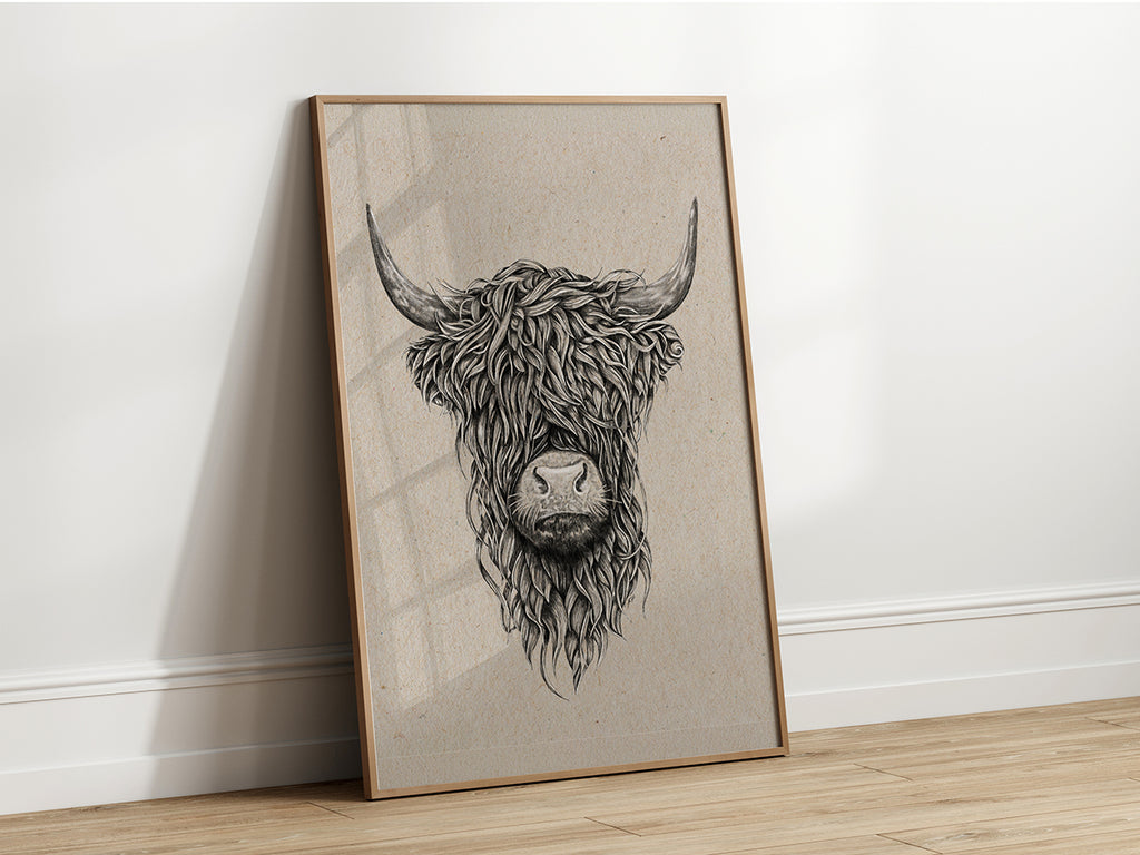 Intricate black and white illustration of a Highland Cattle head, showcasing its long, shaggy hair and prominent horns.