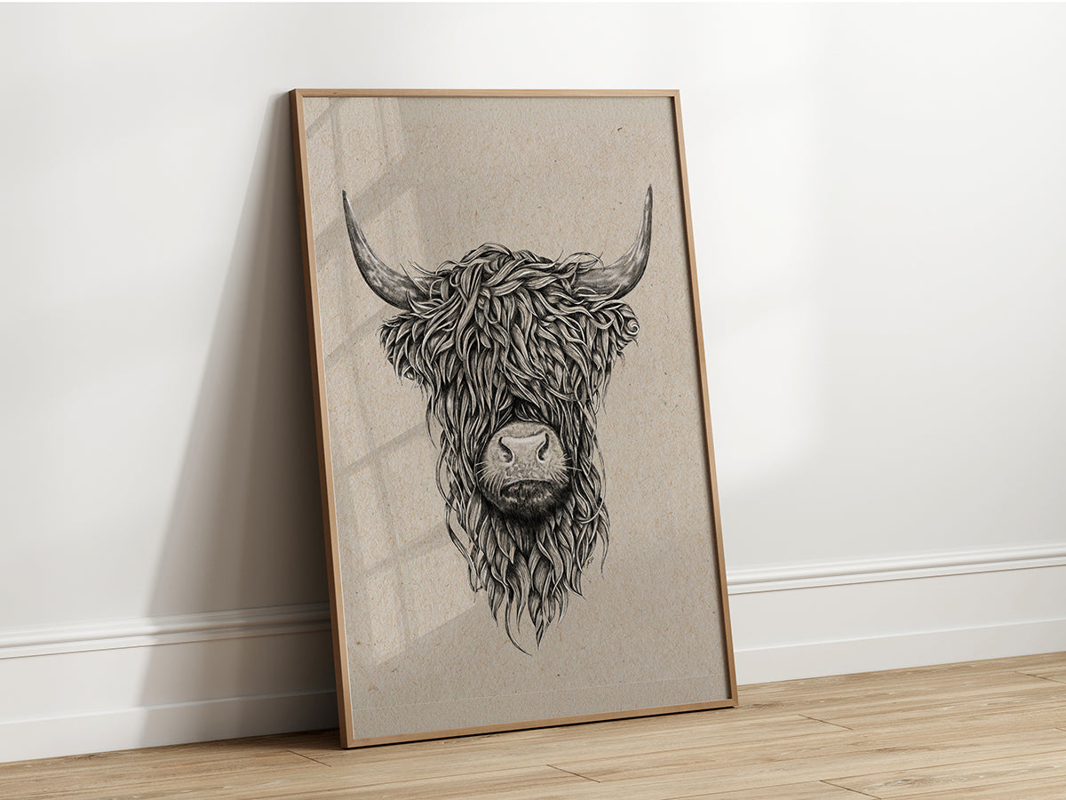 Intricate black and white illustration of a Highland Cattle head, showcasing its long, shaggy hair and prominent horns.