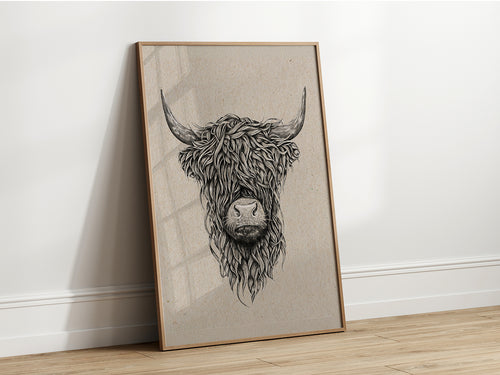 Intricate black and white illustration of a Highland Cattle head, showcasing its long, shaggy hair and prominent horns.