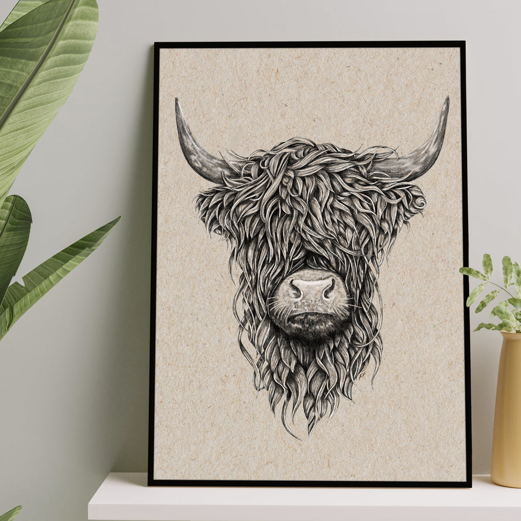 Intricate black and white illustration of a Highland Cattle head, showcasing its long, shaggy hair and prominent horns.