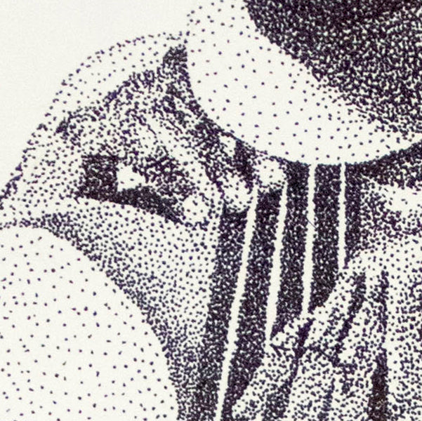 Detailed stipple illustration capturing a jazz bassist focused on their instrument, by Leah Kues