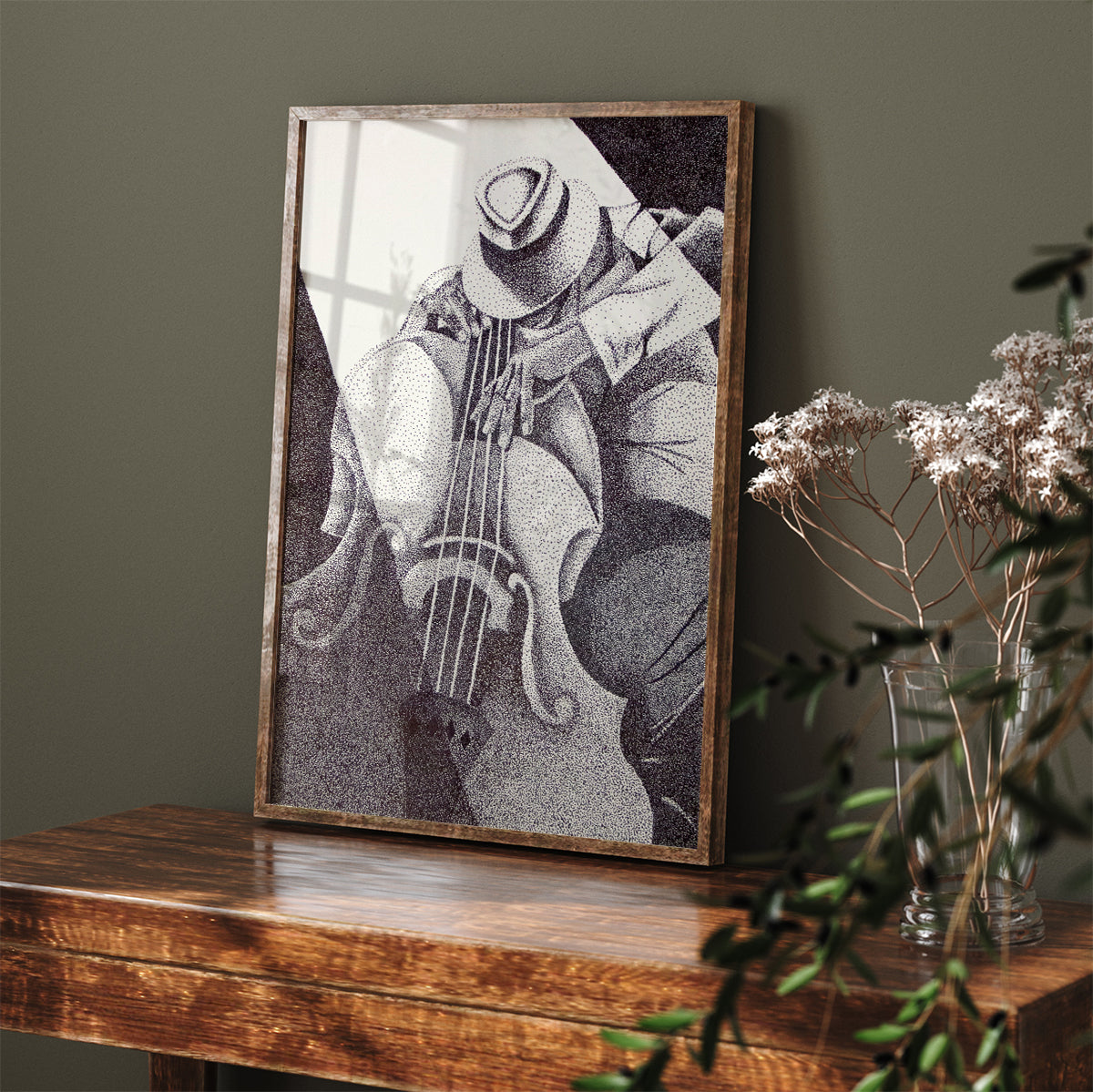 Detailed stipple illustration capturing a jazz bassist focused on their instrument, by Leah Kues