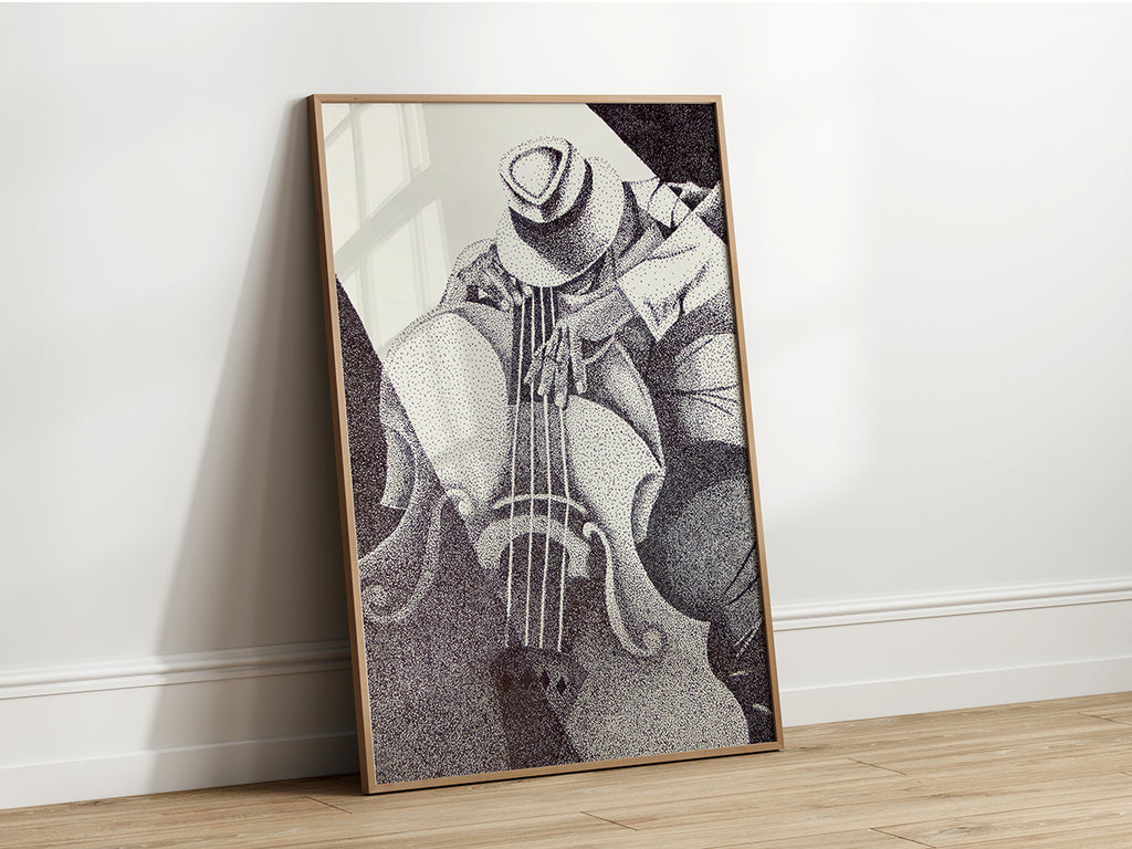 Detailed stipple illustration capturing a jazz bassist focused on their instrument, by Leah Kues