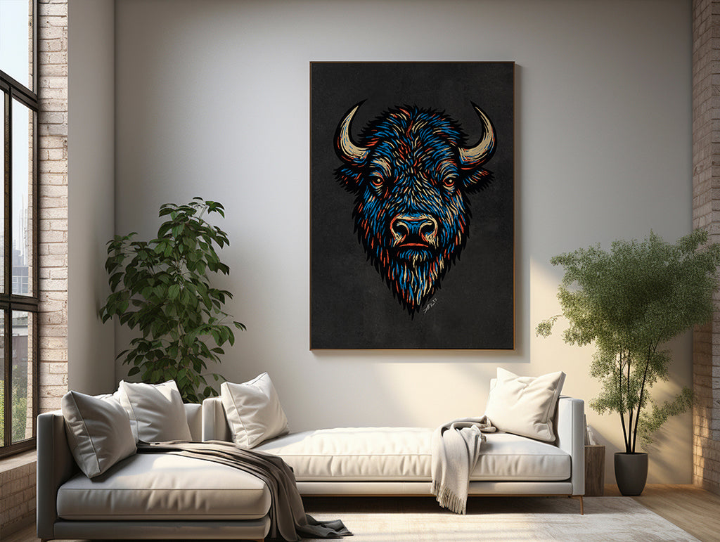 Hand-drawn King Bison artwork with bold red, blue, and cream accents on a textured black background