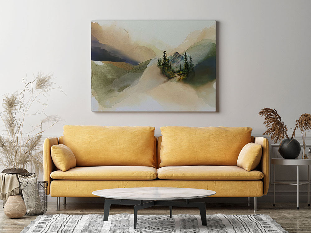 A mixed media painting combining an abstract, earth-tone wash background in beige and olive green with a detailed, realistic scene of a pine tree forest, a mountain peak, and a winding path.