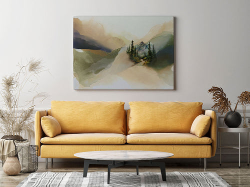 A mixed media painting combining an abstract, earth-tone wash background in beige and olive green with a detailed, realistic scene of a pine tree forest, a mountain peak, and a winding path.
