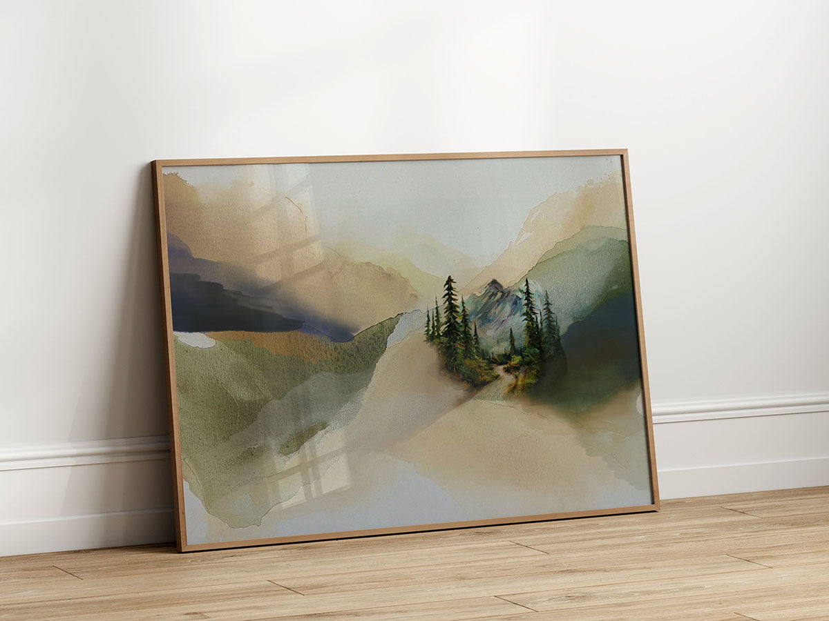 A mixed media painting combining an abstract, earth-tone wash background in beige and olive green with a detailed, realistic scene of a pine tree forest, a mountain peak, and a winding path.