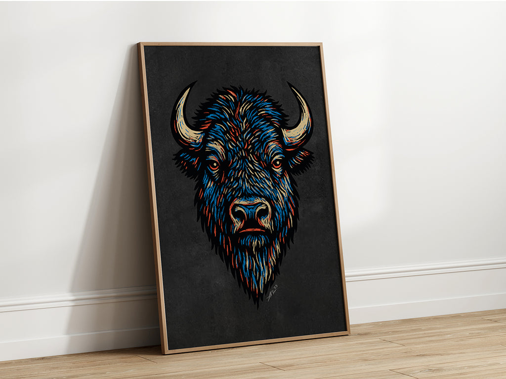 Hand-drawn King Bison artwork with bold red, blue, and cream accents on a textured black background