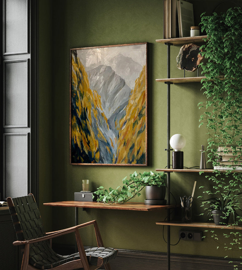 Abstract painting of a mountain pass with golden autumn foliage and gray peaks, created in bold brushstrokes with warm and cool tones.