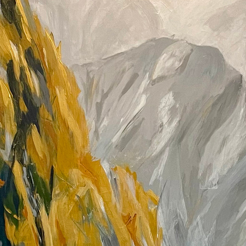 Abstract painting of a mountain pass with golden autumn foliage and gray peaks, created in bold brushstrokes with warm and cool tones.
