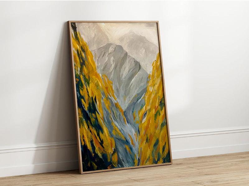 Abstract painting of a mountain pass with golden autumn foliage and gray peaks, created in bold brushstrokes with warm and cool tones.