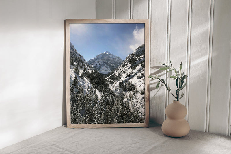 Snow-covered mountain valley in Ouray, Colorado with evergreen trees and sunlit peaks under a bright blue winter sky.
