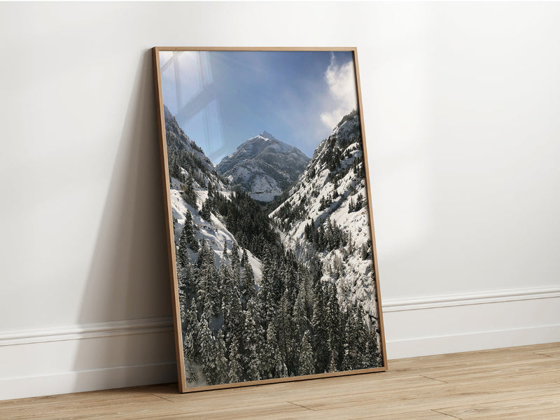 Snow-covered mountain valley in Ouray, Colorado with evergreen trees and sunlit peaks under a bright blue winter sky.