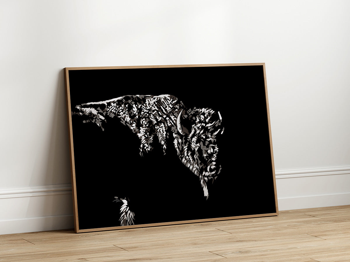 A framed black and white artwork of a bison, titled 'Modern Bison', displayed on a wall.
