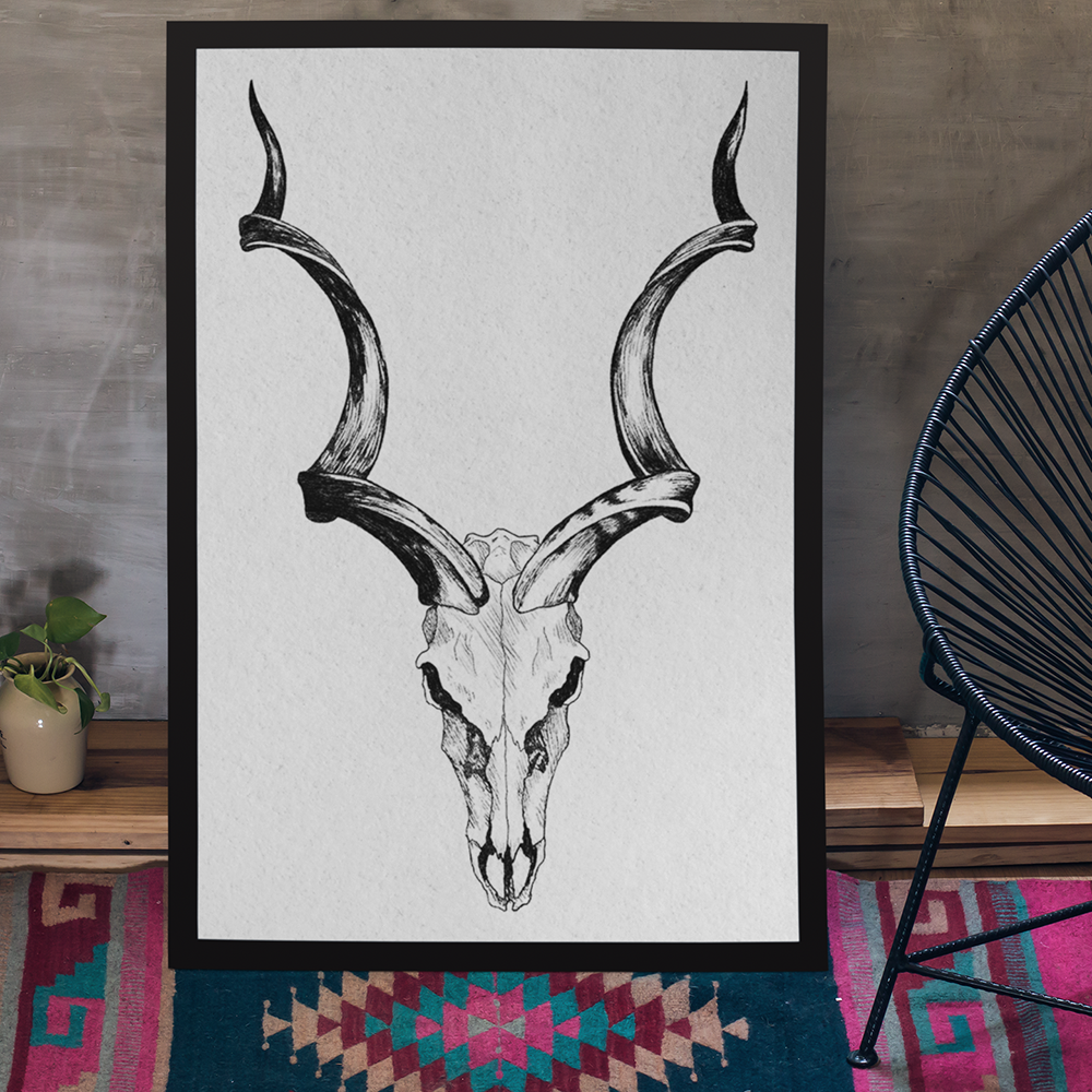 Fine art print of a detailed antelope skull portrait (likely a Greater Kudu), emphasizing its unique horn shape and skeletal details.
